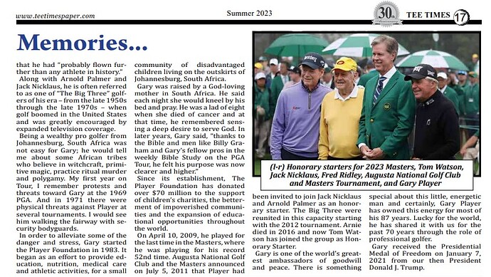 Gary Player - Black Knight Tee Times article, Summer 2023, p17