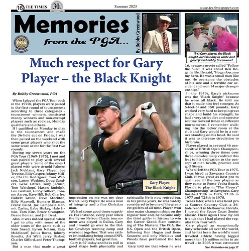 Gary Player - Black Knight Tee Times article, Summer 2023, p16